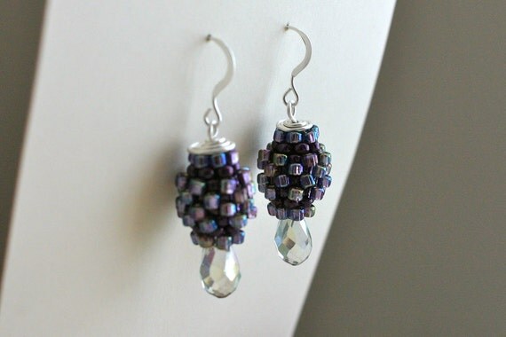 Photo: Beaded Bead Dangle Earrings with Glass Drops - Silver, Purple, Iris, Rainbow, Facetted Crystal, Wire Wrapped by andreaturinijewelry