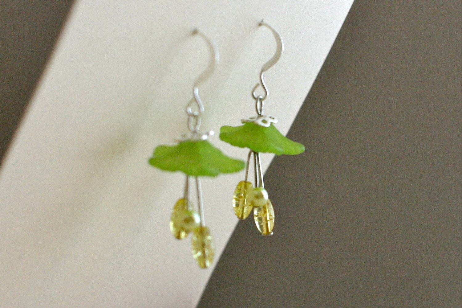 Photo: Green Garden Flower Dangle Earrings - Lemon, Yellow, Green, Lime, Silver, Lucite, Simple Earrings by andreaturinijewelry