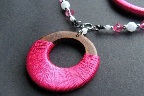 Wood Necklace, Bangle Bracelet, Set, Pink Fiber Wrapped. Handmade Artisan Jewelry by Gilliauna