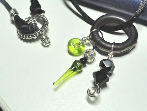 NightLights Lime and Black Lampwork Bead Swarovski Crystal Pendant on new Cord Necklace