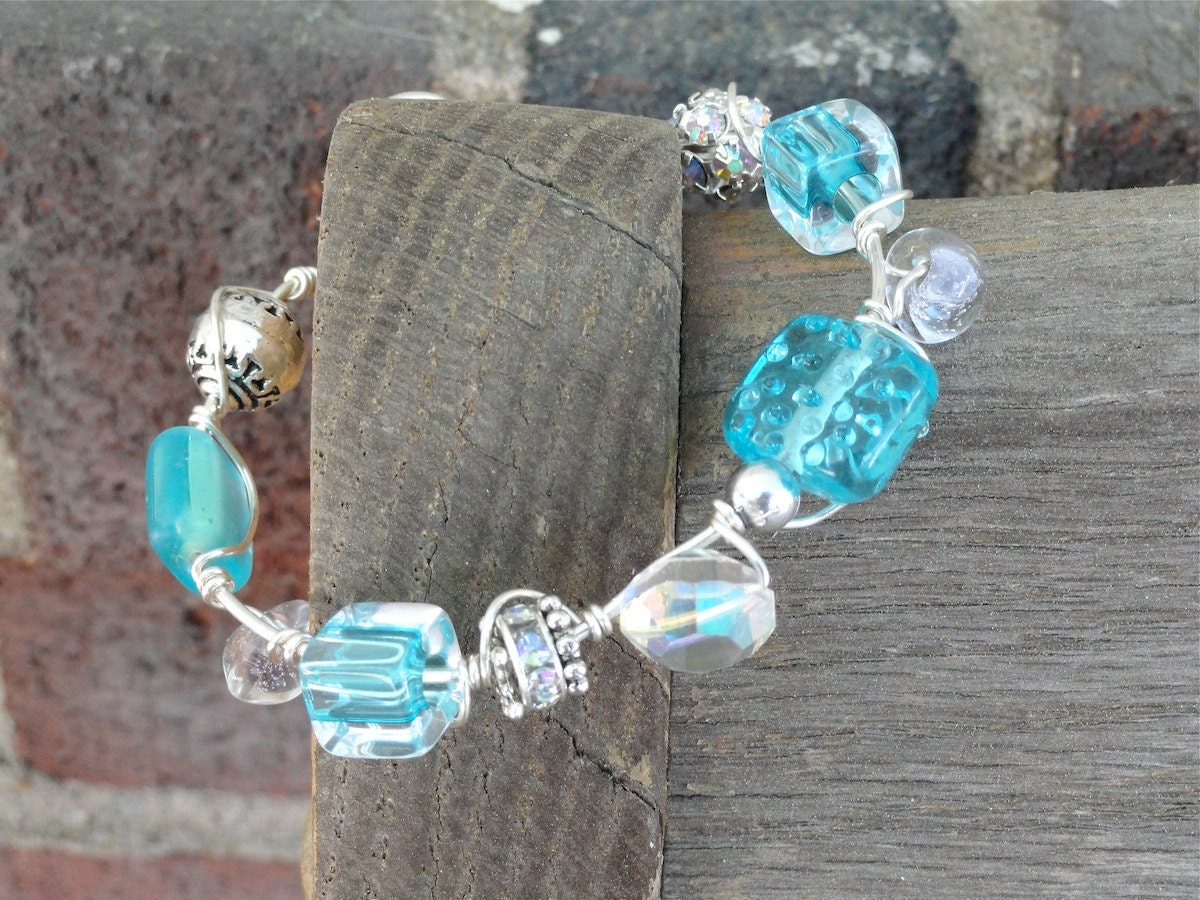 Iced Turquoise Cane and Lampwork Bead and Czech Crystal Sterling SIlver Bracelet
