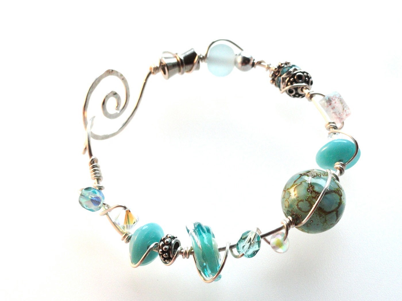 South Beach Seafoam Aqua Wire Wrapped SS Bracelet