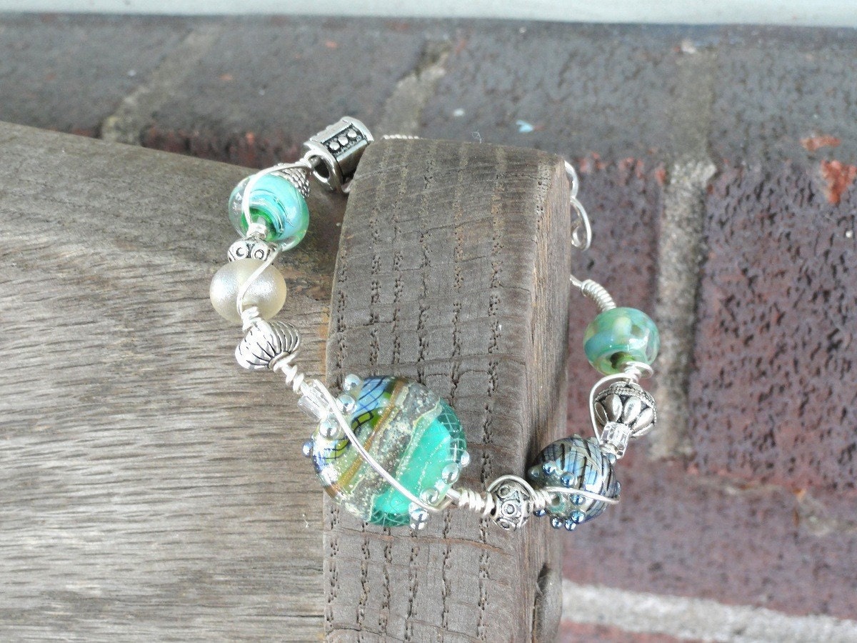 Fresh Green Blue and White Artisan Lampwork  Bead Bracelet
