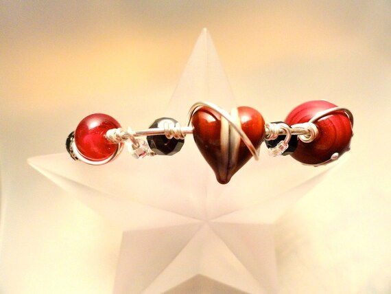 Wicked Heart Red & Black Bracelet Wire Wrapped Argentium Silver