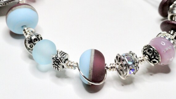 Lavender Clouds Purple and Powder Blue Lampwork Bead Wire Wrapped Bracelet
