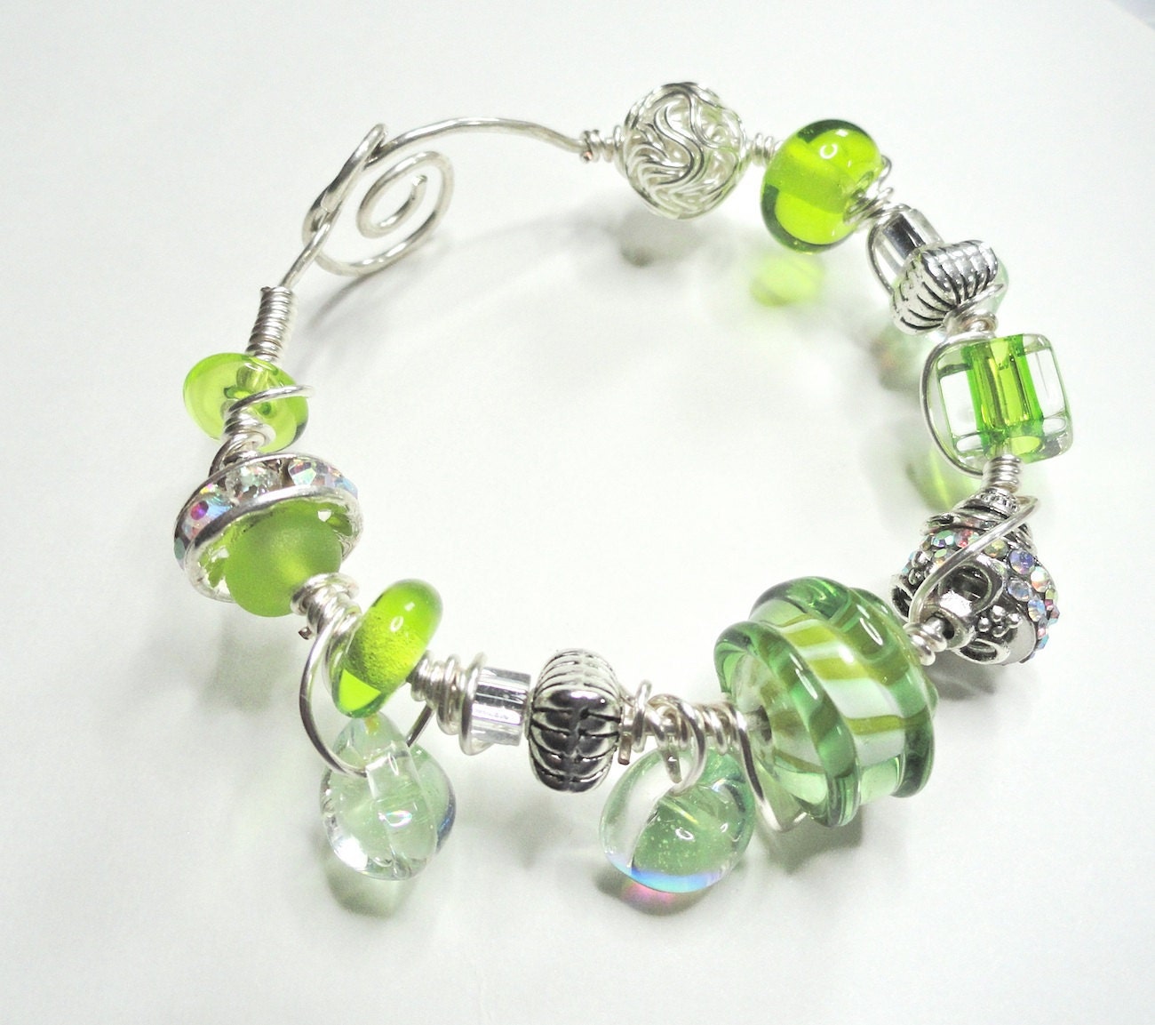 Lime Spritzer Lampwork Bracelet Wire Wrapped Sterling Silver