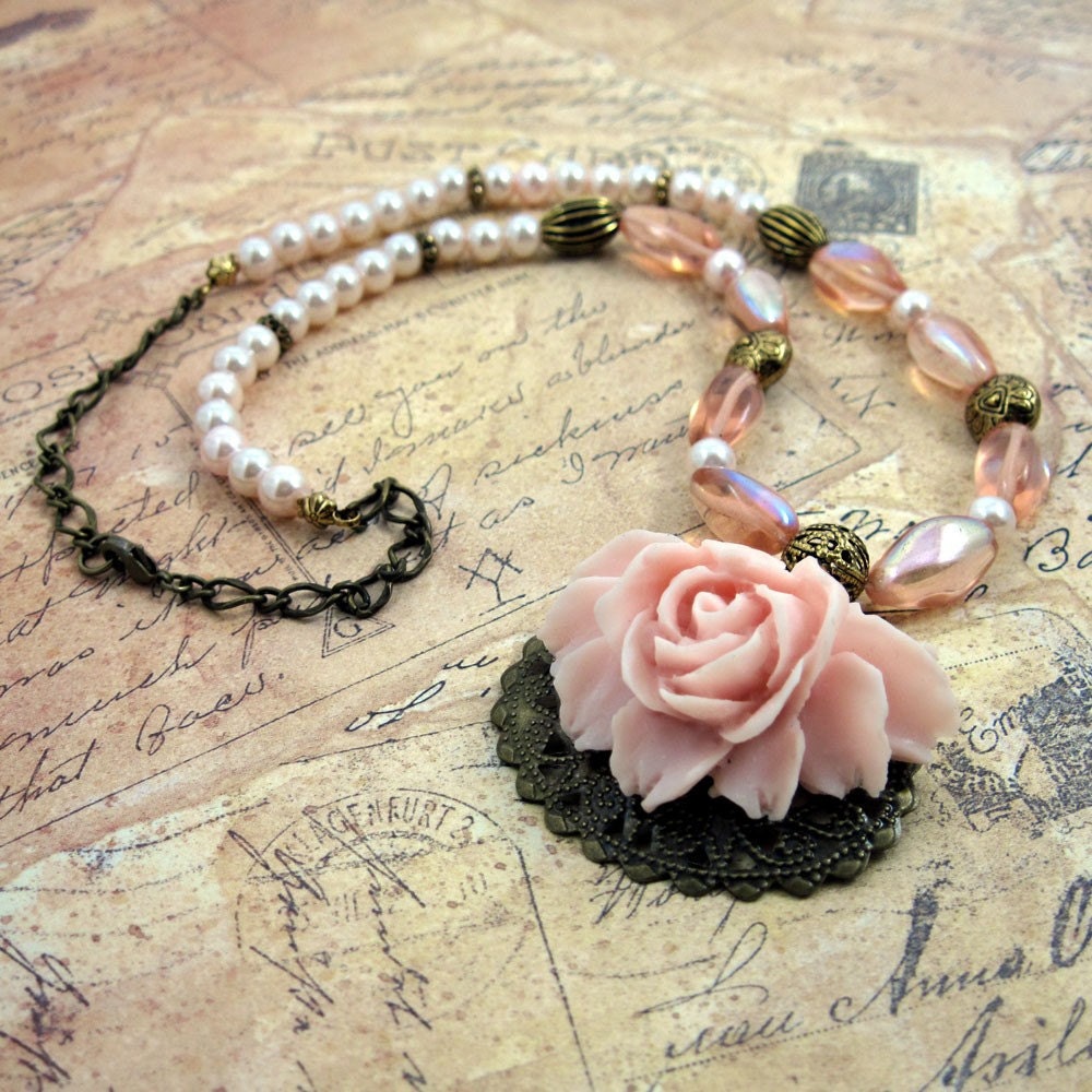 Pink Rose Floral Glass w Pearl Necklace - Claire