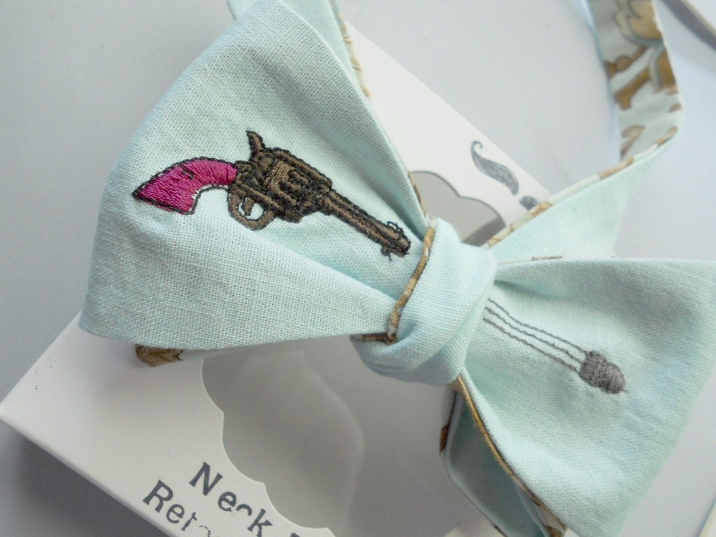 Pistol and Bullet Bowtie in Seafoam Green Linen-Freestyle-Adjustable-Reversible-Hand Stiched