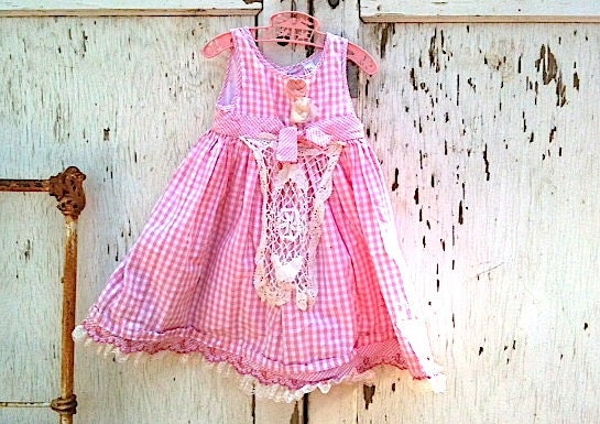 spring summer pink blossom Toddler dress little Girl Country Birthday gingham polly flinders Shabby Chic Lace Rustic kateblossom