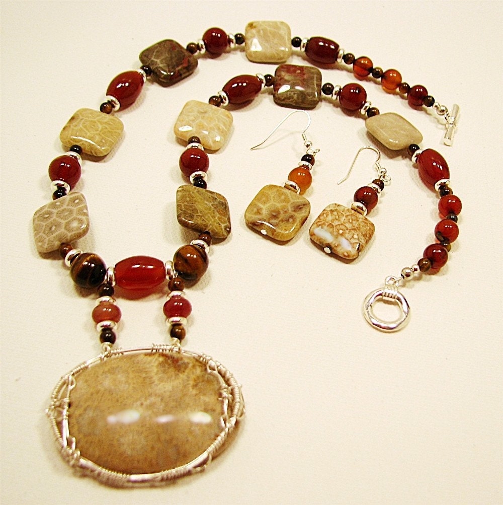 Fossilized coral, carnelian and tiger eye wire-wrapped necklace set