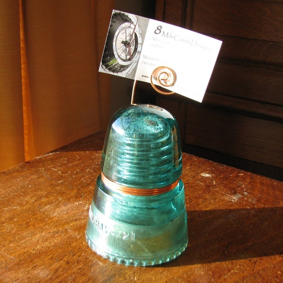 Blue/Green Glass Insulator Photo/Card Holder