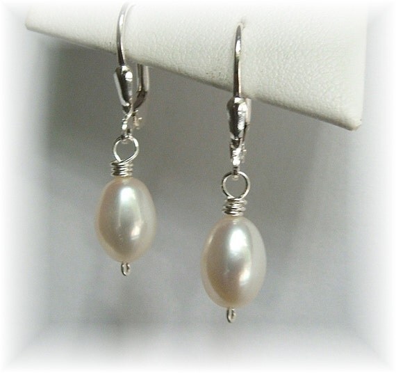 Large White Freshwater Pearl Earrings Natural Pearl by Handwired from etsy.com