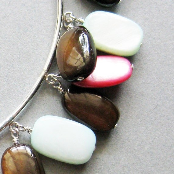 OOAK - Mother of Pearl Bangle Bracelet in Chocolate, Fuchsia and Sky