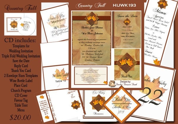 Delux Country Fall Wedding Invitation Kit on CD From Printnthings