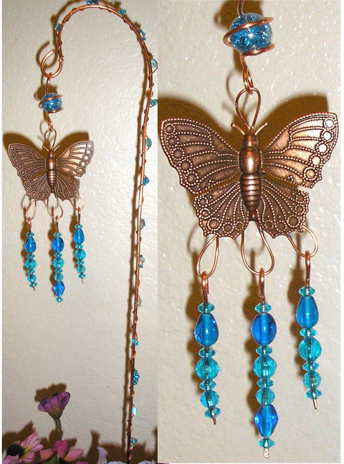 copper glass bead butterfly yard art garden stake decor