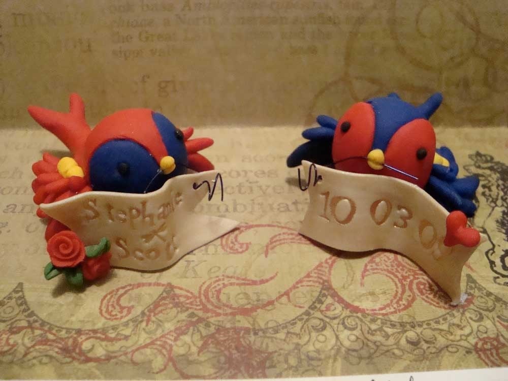 custom polymer clay tattoo style sparrows wedding cake topper reserved for