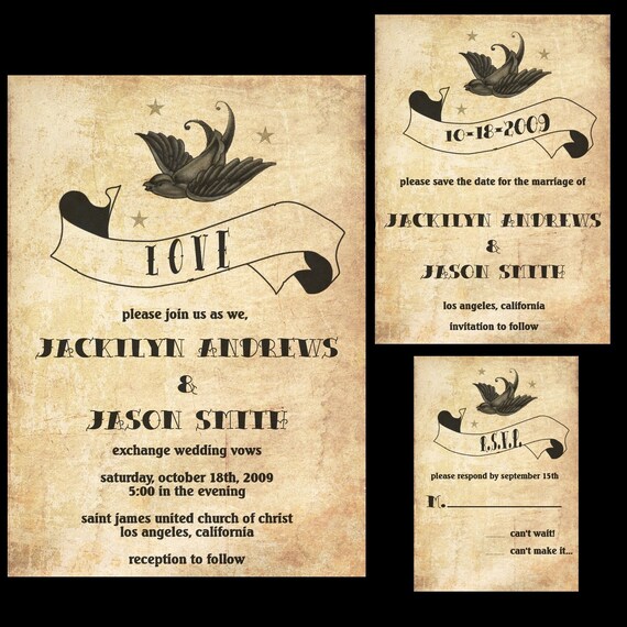 Rockabilly Wedding Invitation Set Featuring a Sparrow Banner and Stars
