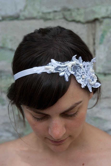 Wedding Hippie Headband White Beaded Sequined and Lace Molly Flapper 
