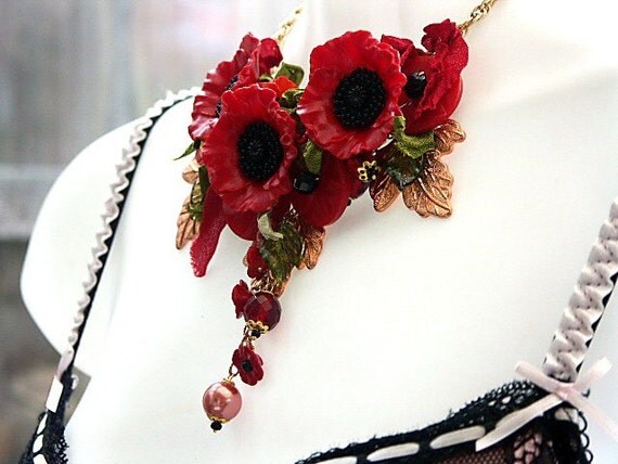 Red Poppy Statement Necklace 'RAGDOLL WILD POPPIES'  Boho Chic, An Original Design by Katherine Cooper