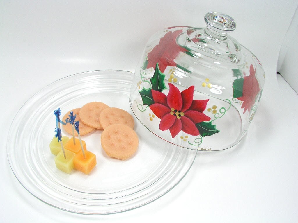 Beautiful Red Poinsettia Hand Painted Cheese Dome Plate Server