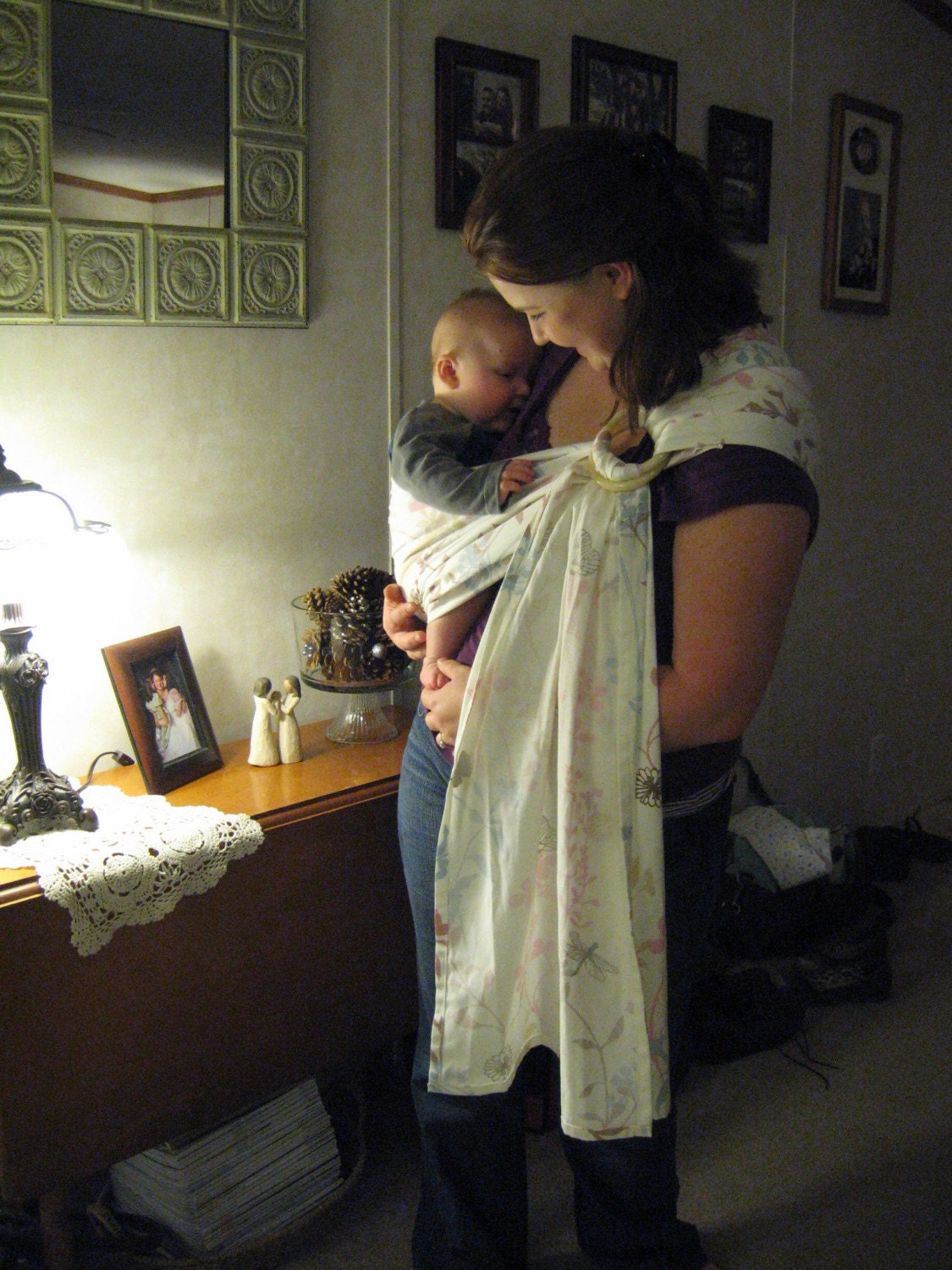 HandMade by Cole Baby Sling with Rings Style is Cream White with floral Fully Adjustable and Pleated Shoulder
