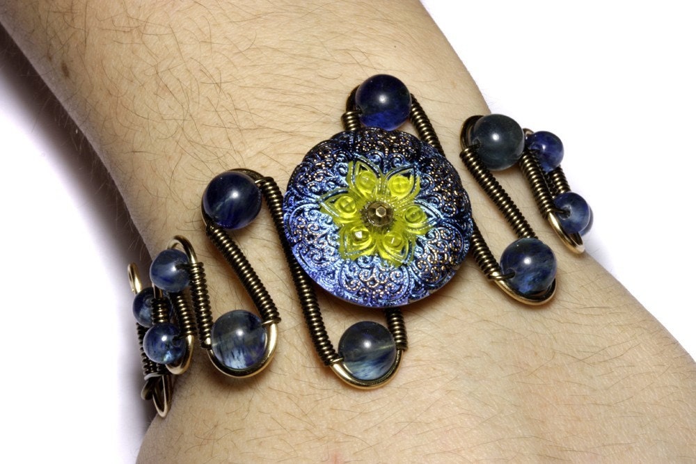Steampunk Jewelry - Bracelet - Blue Czech Glass Button with yellow center and Blueberry Quartz beads - Limited availability