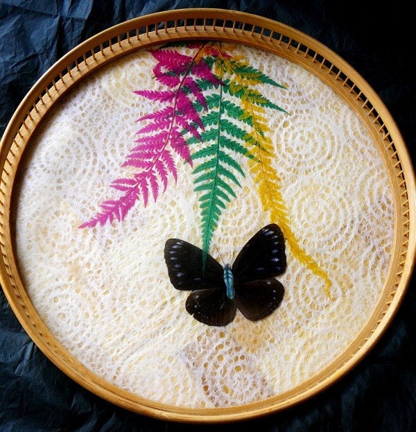 Bamboo/Glass Butterfly Vintage Serving Tray with 6 Butterfly Coasters