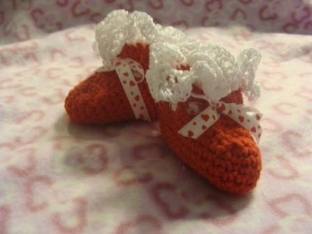 Red and White Baby Booties with Heart Ribbon