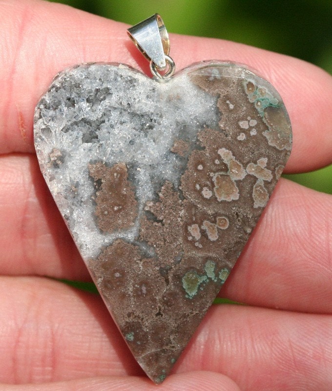 Heart Pendant, Crystal Druzy, Black Silvery Gray Agate BrazilianGemstone Inv. 16