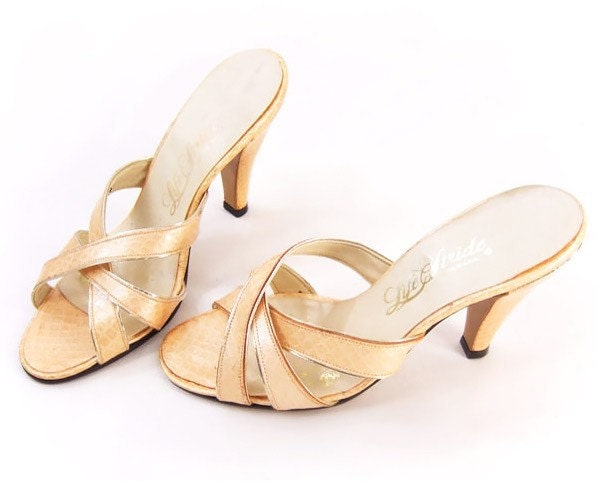 Vintage 1980s Faux Snakeskin Shoes Peach Sandals Gold High Heel Mule size 6