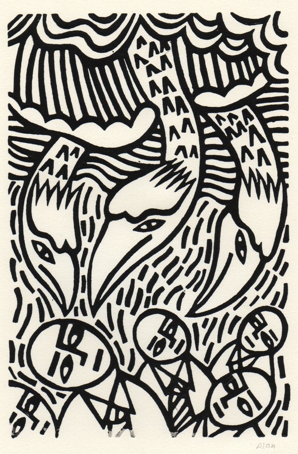 They came from above. Linocut