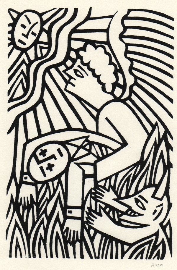 At the end of the day. Linocut