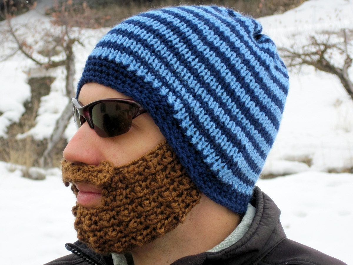 blue striped bearded beanie - L/XL