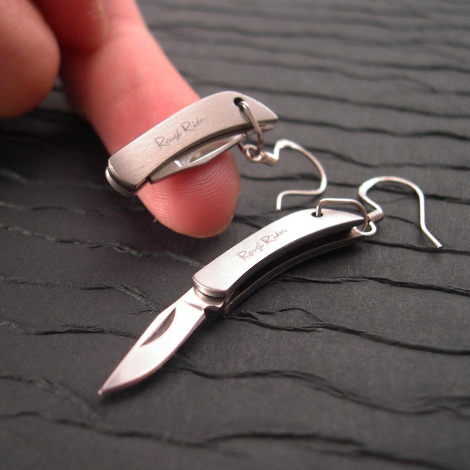 Knife Earrings - Working Sharp Tiny Folding Knives with Sharpener