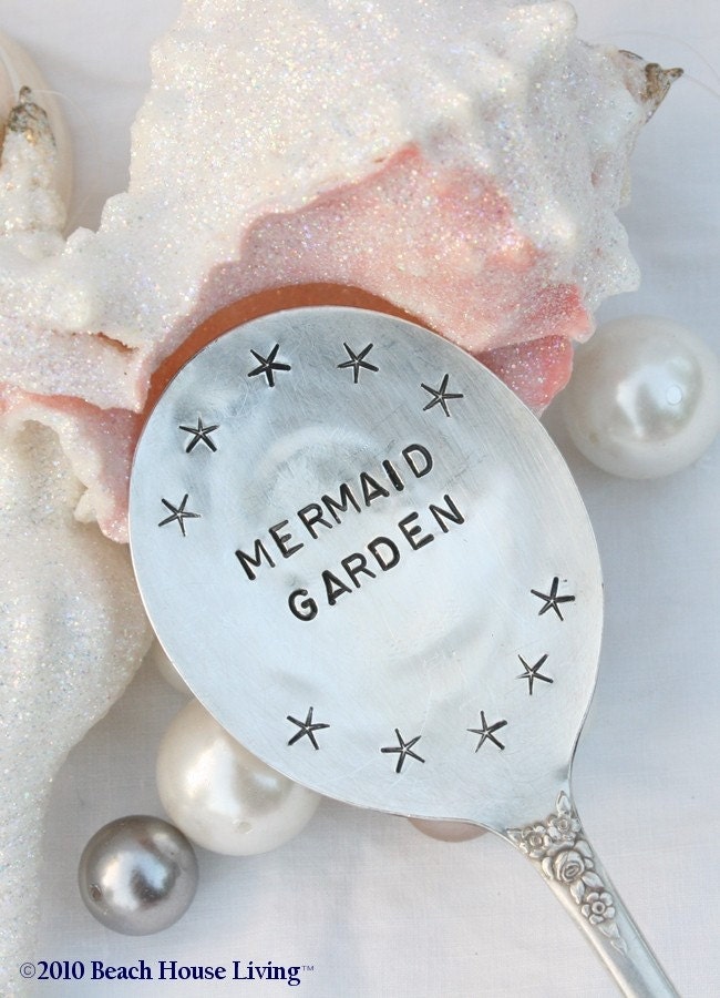Mermaid and Starfish Silverware garden marker sign recycled vintage silver plate flatware