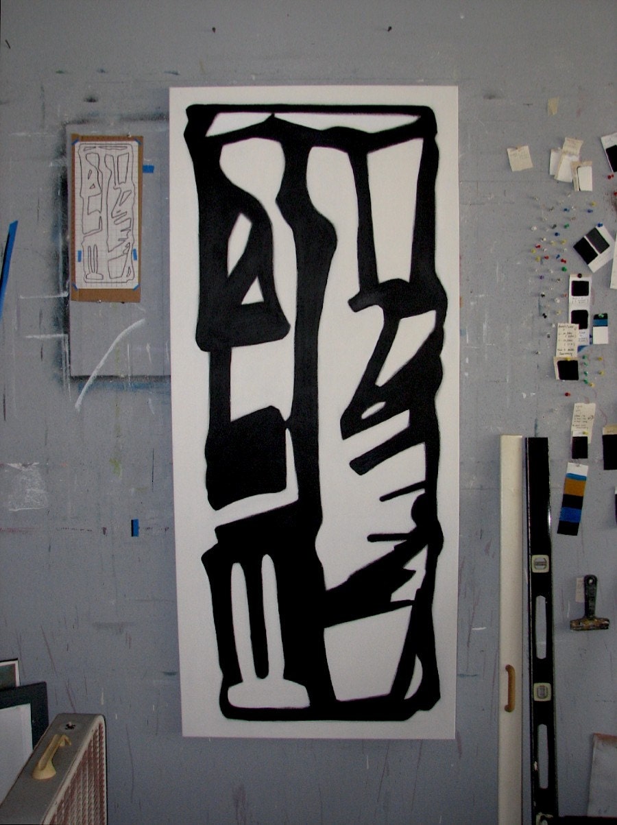 Mid Century Modern Art  Urban Black & White LARGE Graphic Original Oil Painting Tribal Primitive  -  Sacred by Will Wieber