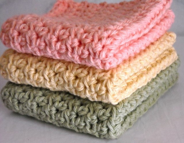 Crochet Cotton Dishcloths Kitchen Green, Peach, Yellow Handmade