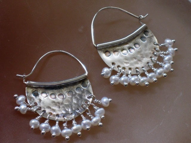 Freshwater Pearl hoops, handmade Sterling Silver crescent earrings