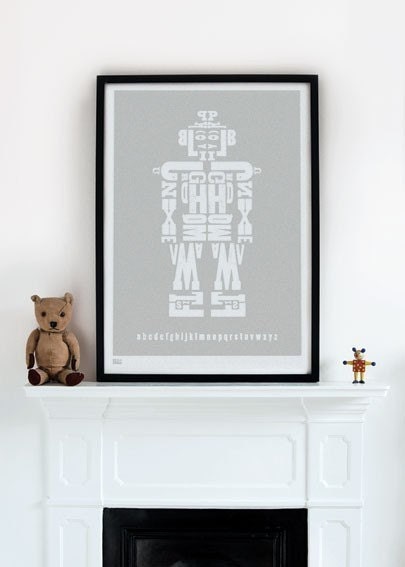 Robot alphabet (ALPHABOT), hand pulled screen print onto 100 percent recycled card in metallic silver (also in cobalt)