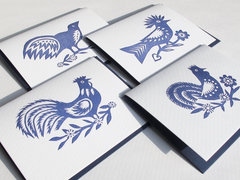Polish Folk Art Letterpress Bird Card Set in Blue