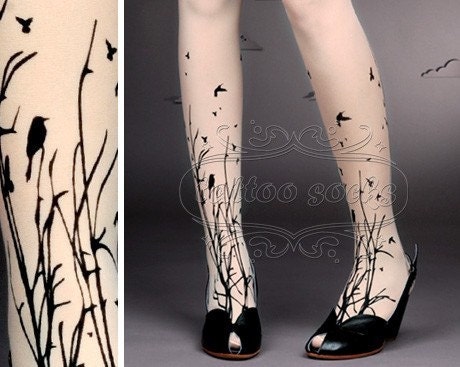 fabulous FOREST SYMPHONY tattoo thigh-high nylons ultra pale