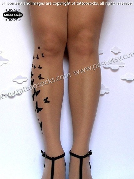 SMALL/MEDIUM sexy BUTTERFLY tattoo tights / stockings/ full length / pantyhose / nylons Light Mocha