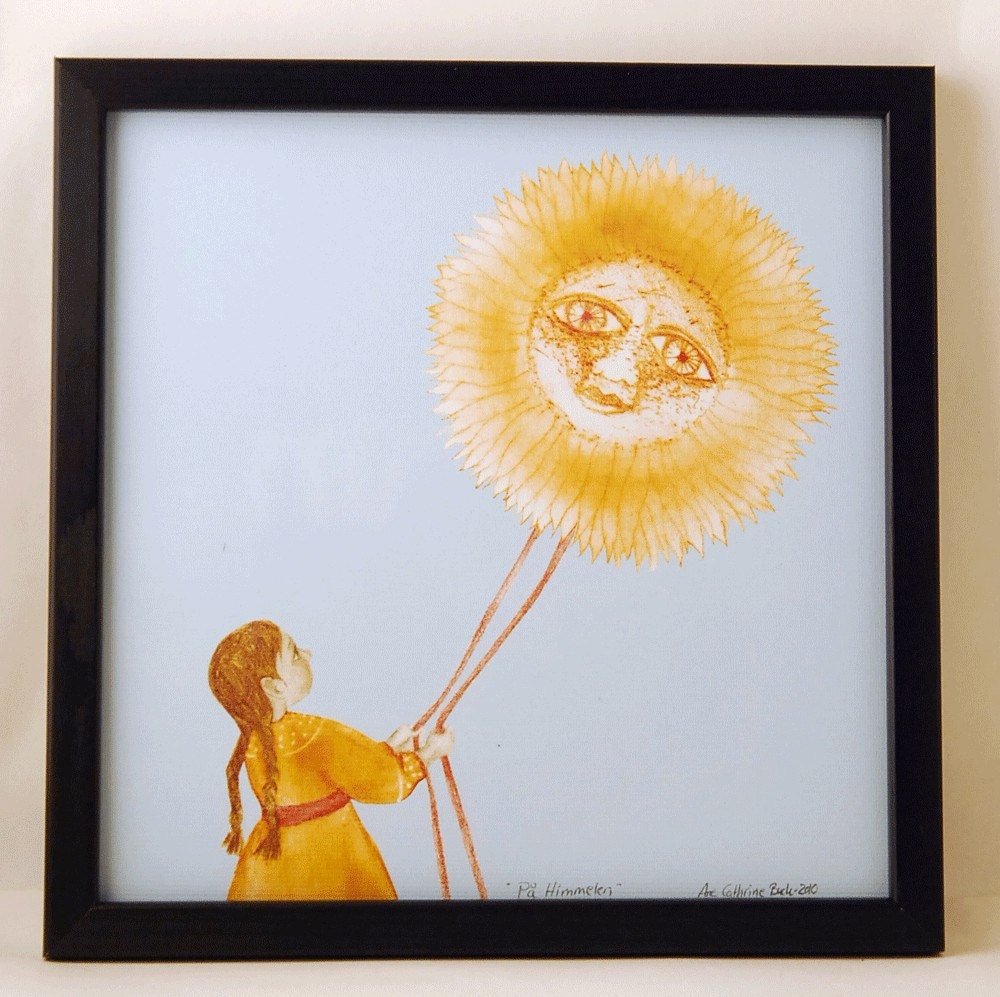 Girl in orange dress having the sun in red ribbons as a kite - Up in the sky - signed art print wall hanging childrens nursery room decor