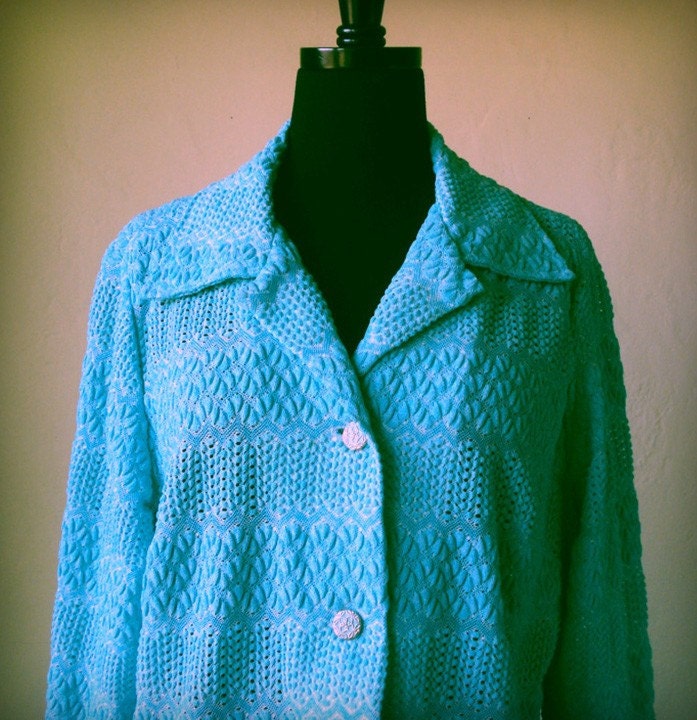Turquoise vintage blue womens jacket, granny chic