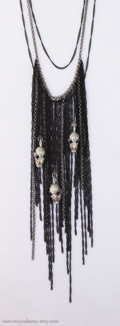 Black Fringe Bat Skull Necklace