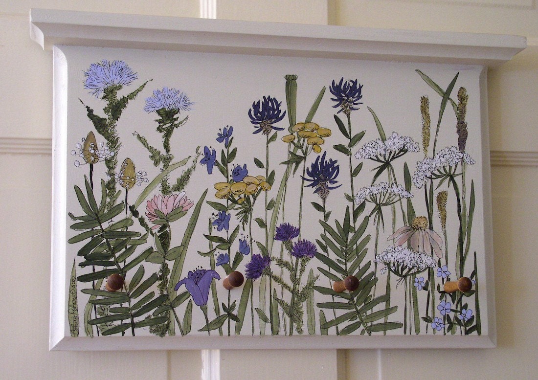 Painted Farmhouse Cottage Wood Peg and Shelf Wildflower Panel Ready to Hang