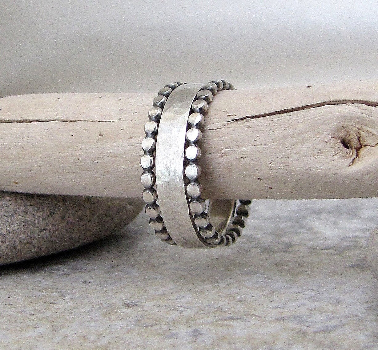 Hammered Silver Ring Band & Stacking Dot Rings