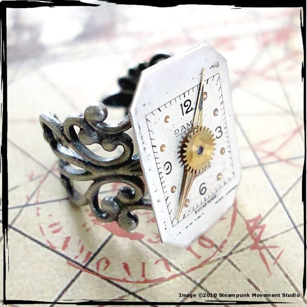 Steampunk Ring - Filigree Vintage Watch Faceplate   - Adjustable - Handmade by Steampunk Movement Studio