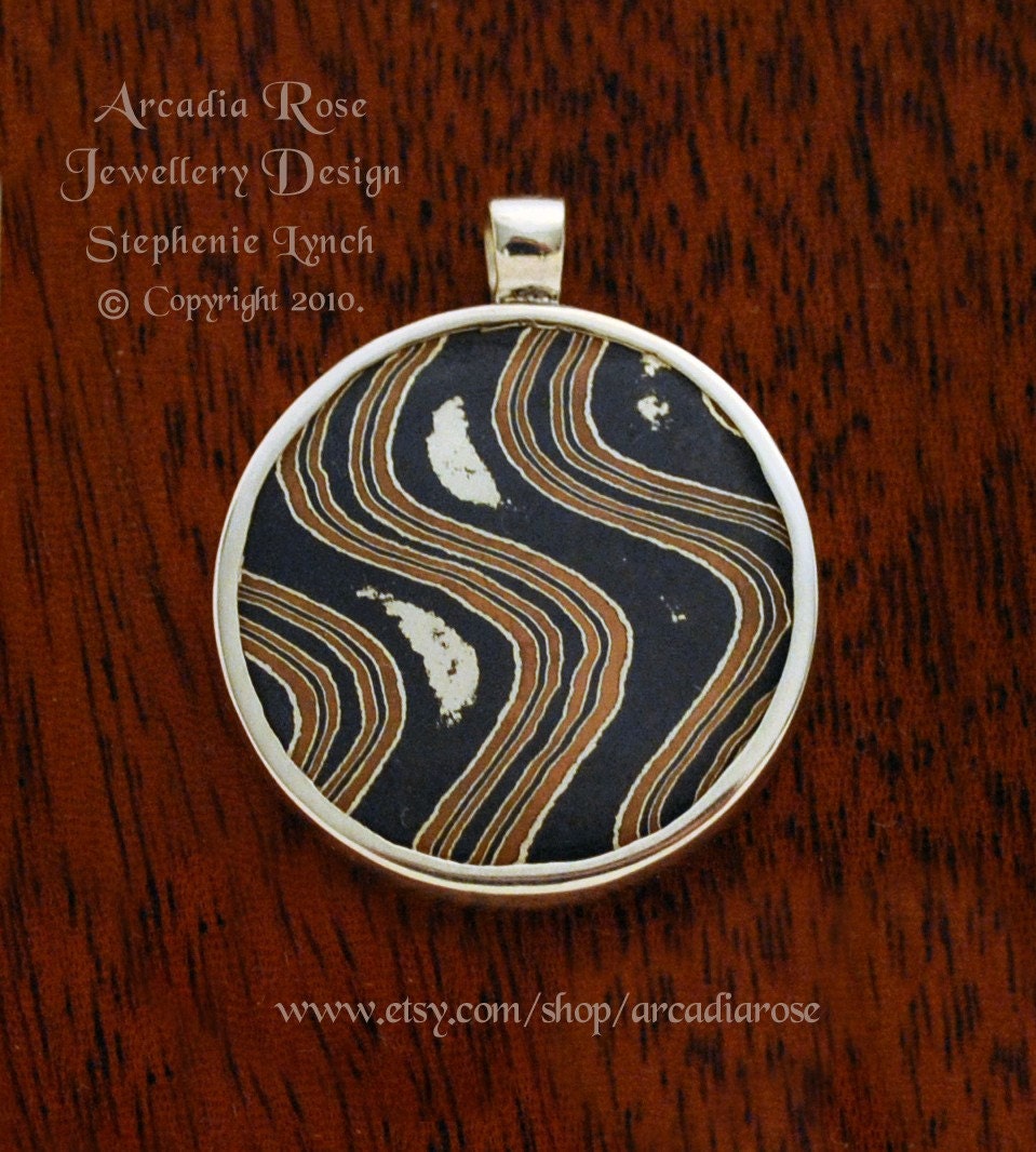Mokume Gane Large Pendant, Wave Pattern, Sterling Silver base, Fine Silver band, Hand made Fine Silver Loop by Stephenie Lynch.