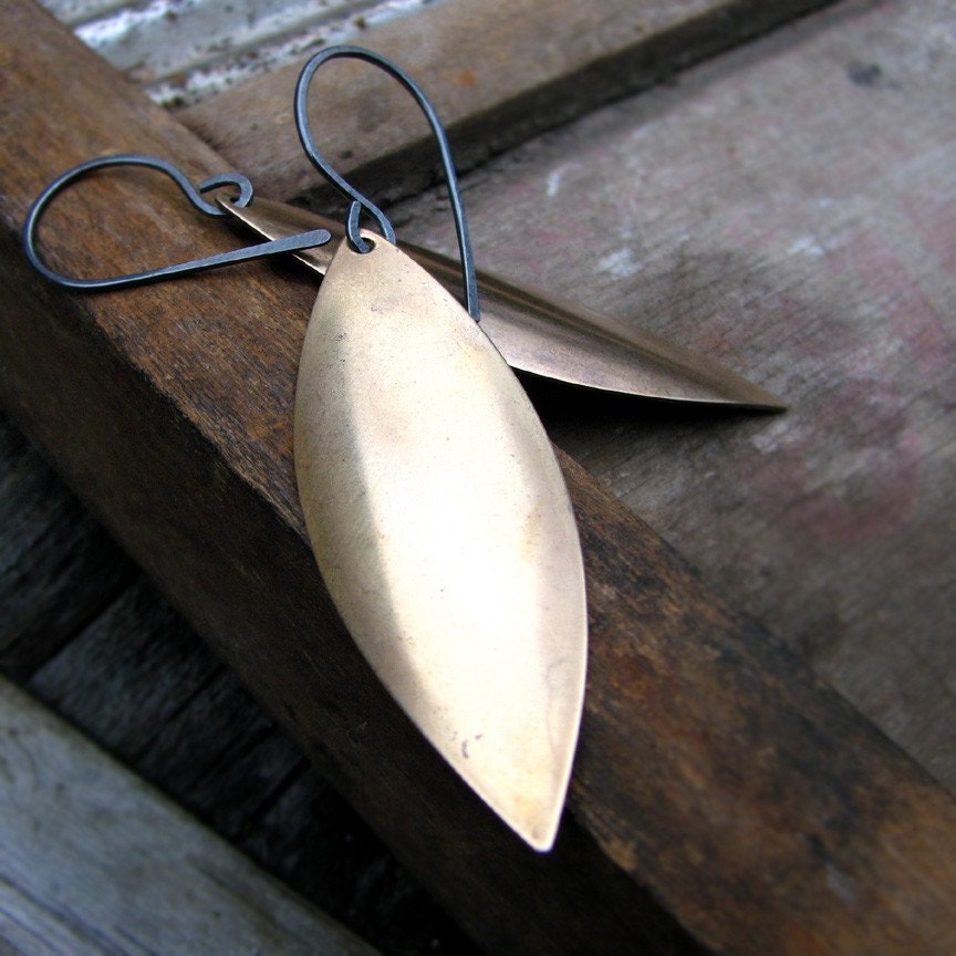 Minimalist earrings vintage brass leaf and sterling silver modern and earthy - On the Edge
